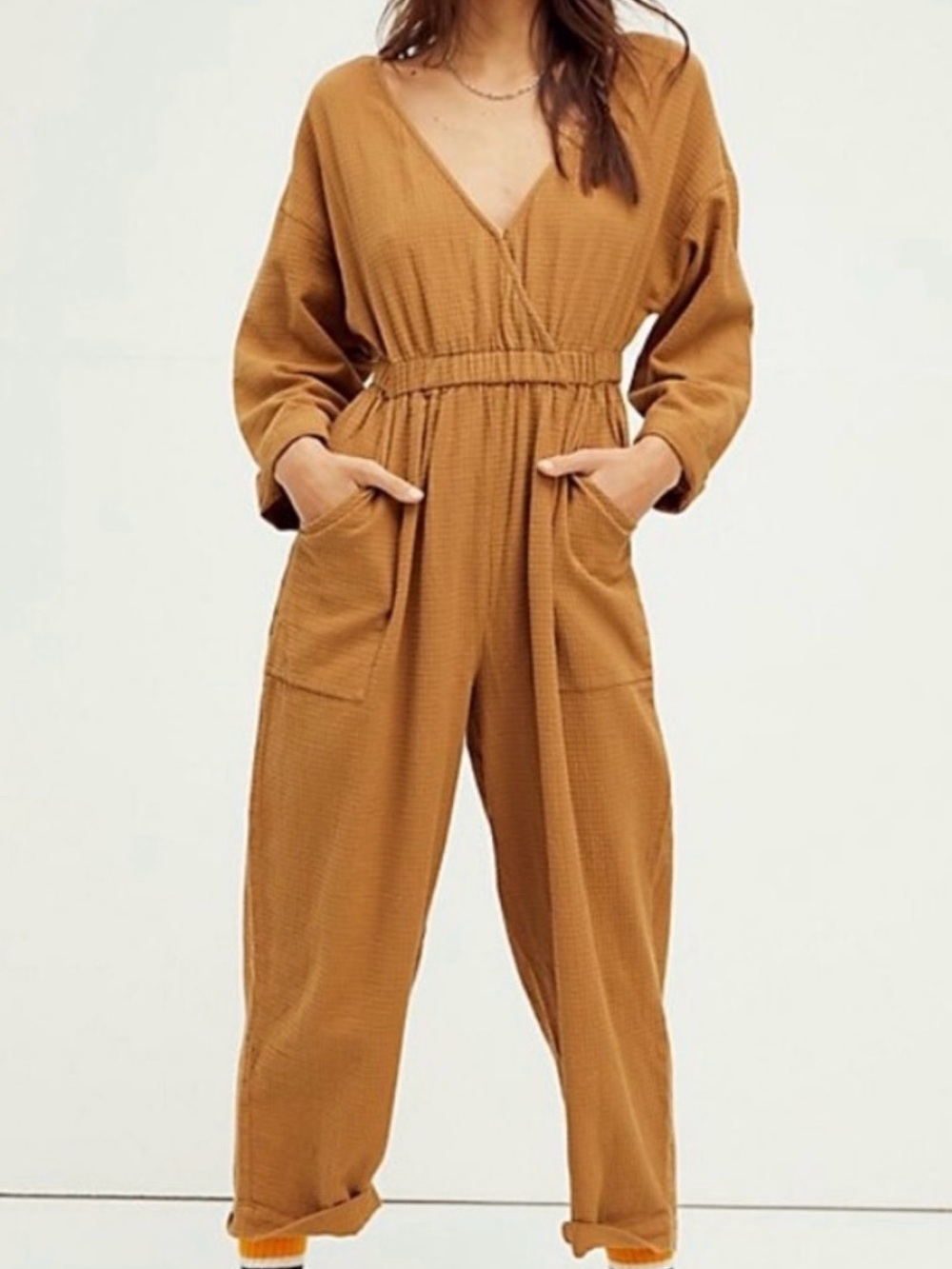 Free People Camel Waffle-Knit V-Neck Jumpsuit